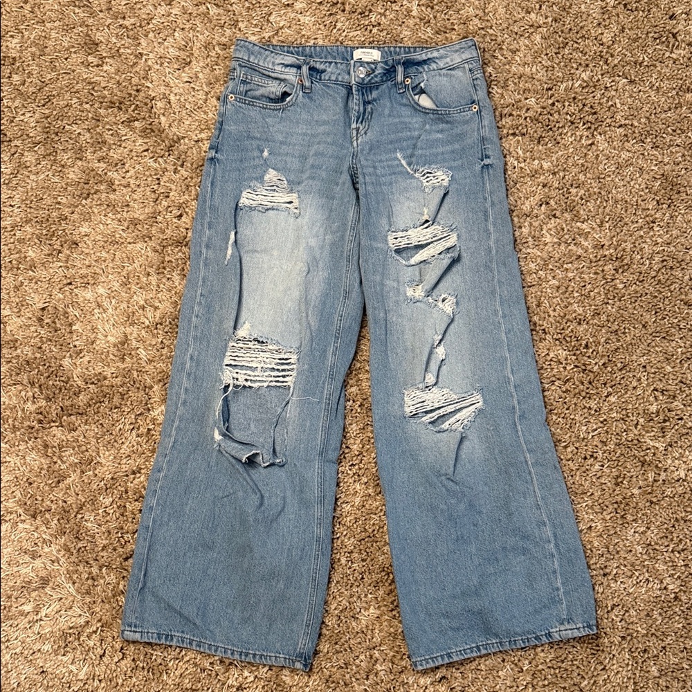 Forever 21 Light Blue Distressed Low Rise Baggy Jeans